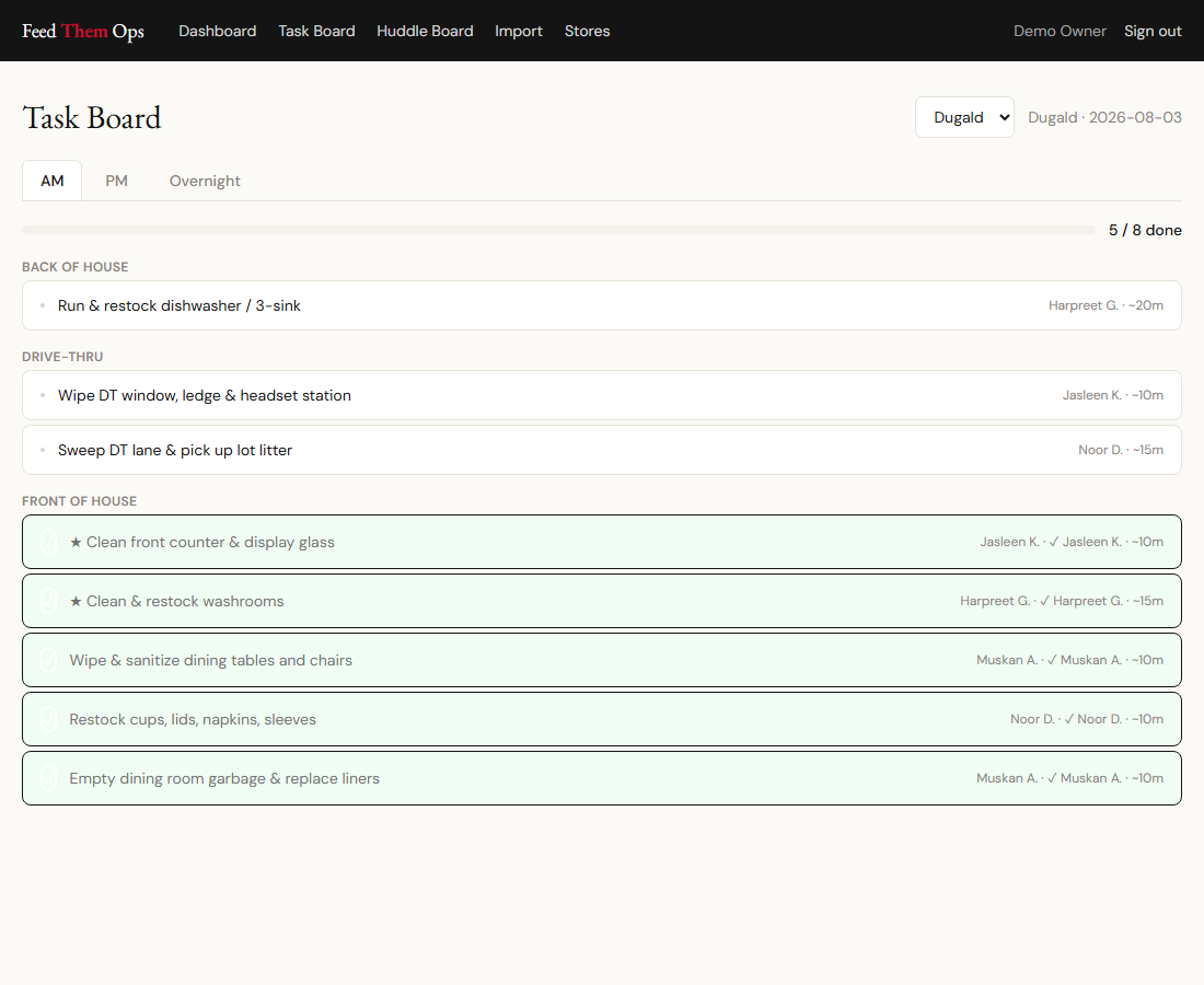 Crew task board: tap to check off tasks, grouped by category, with completion progress