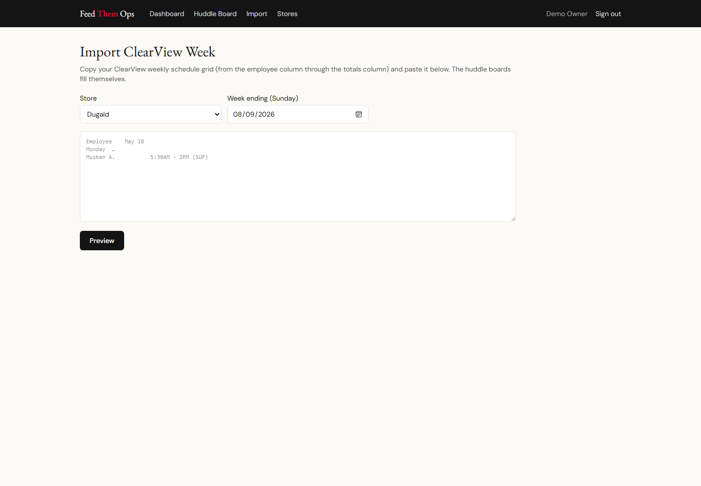 ClearView schedule import: paste the weekly grid and the boards fill themselves